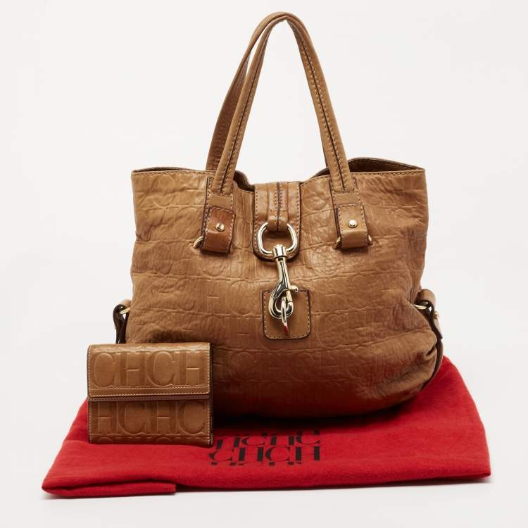 Pre Owned CH Carolina Herrera Beige Monogram Leather Hobo with Wallet