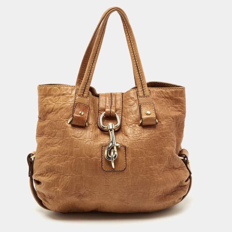 Pre Owned CH Carolina Herrera Beige Monogram Leather Hobo with Wallet