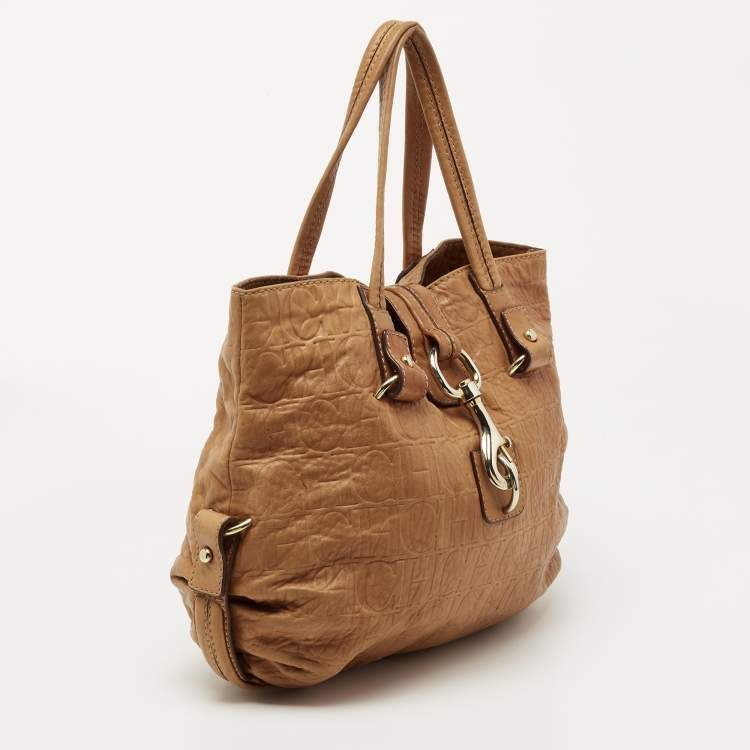 Pre Owned CH Carolina Herrera Beige Monogram Leather Hobo with Wallet