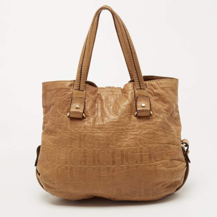 Pre Owned CH Carolina Herrera Beige Monogram Leather Hobo with Wallet