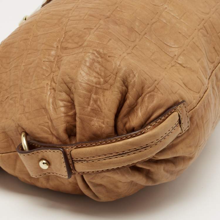 Pre Owned CH Carolina Herrera Beige Monogram Leather Hobo with Wallet