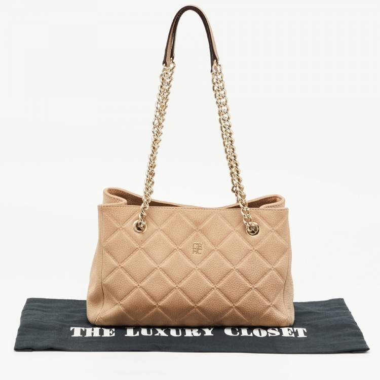 Pre Owned CH Carolina Herrera Beige Embossed Nubuck Leather Chain Tote