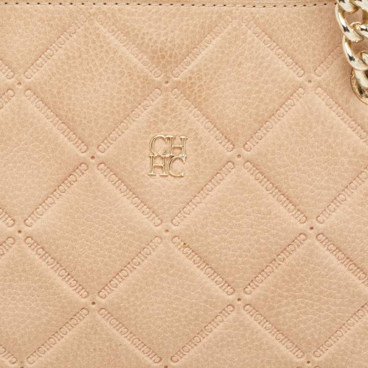 Pre Owned CH Carolina Herrera Beige Embossed Nubuck Leather Chain Tote
