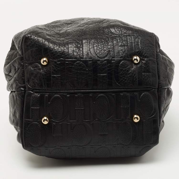 Pre Owned CH Carolina Herrera Black Embossed Leather Bow Bucket Bag