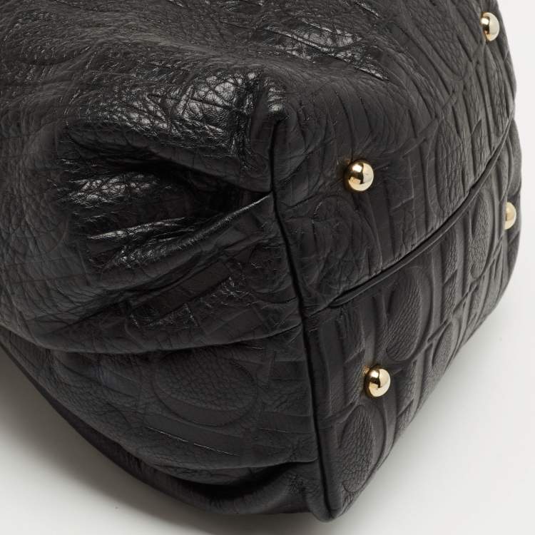 Pre Owned CH Carolina Herrera Black Embossed Leather Bow Bucket Bag