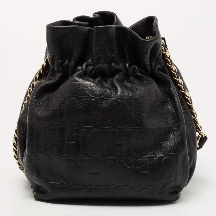 Pre Owned CH Carolina Herrera Black Embossed Leather Bow Bucket Bag