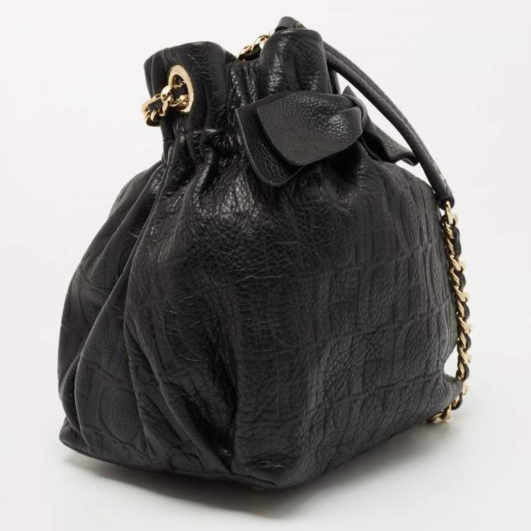 Pre Owned CH Carolina Herrera Black Embossed Leather Bow Bucket Bag