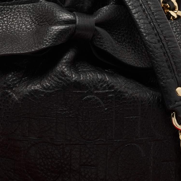 Pre Owned CH Carolina Herrera Black Embossed Leather Bow Bucket Bag