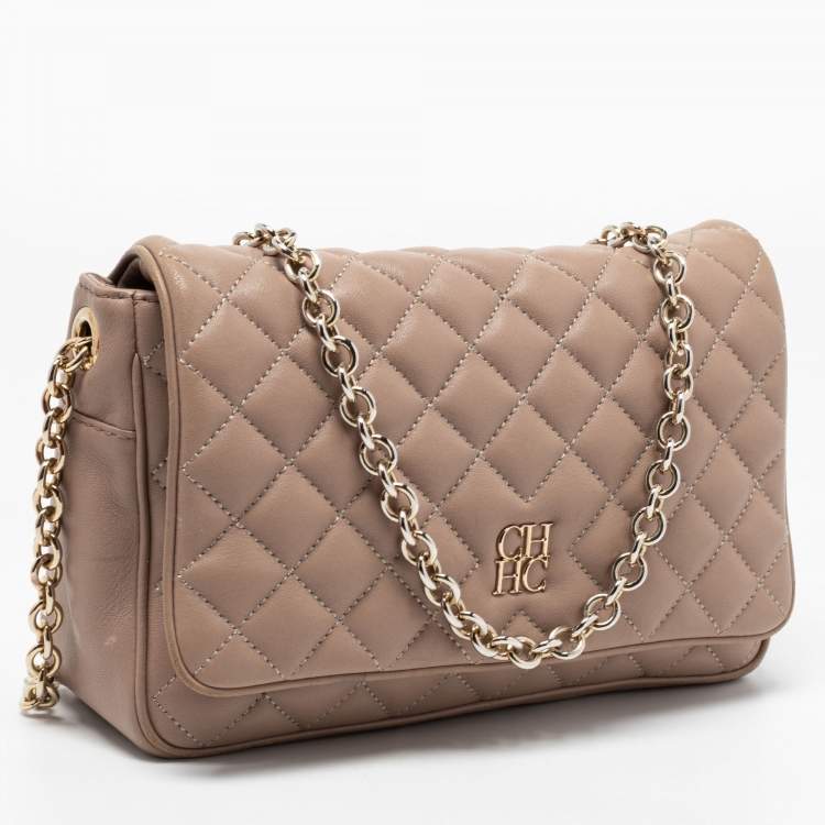 Pre Owned CH Carolina Herrera Beige Quilted Leather Chain Flap Shoulder Bag