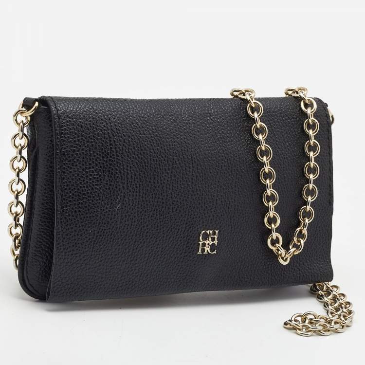 Pre Owned CH Carolina Herrera Black Leather Flap Chain Bag
