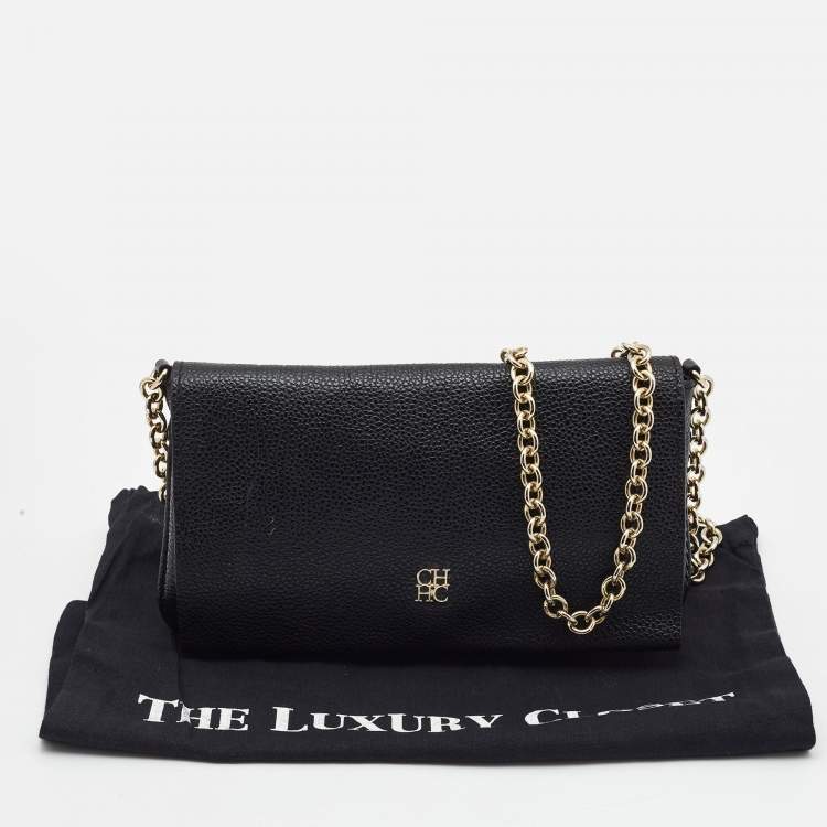 Pre Owned CH Carolina Herrera Black Leather Flap Chain Bag