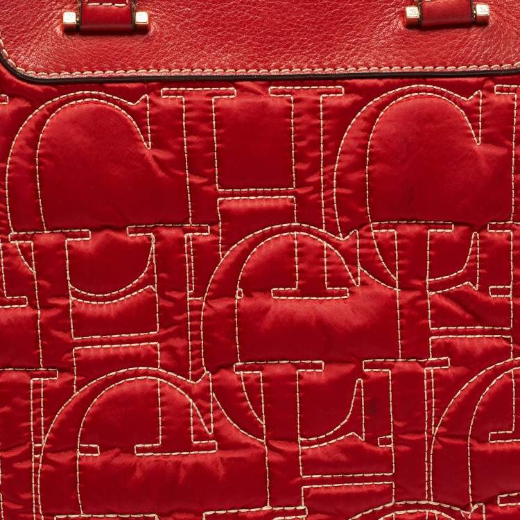 Pre Owned CH Carolina Herrera Embossed Stitch Nylon and Leather Zip Tote
