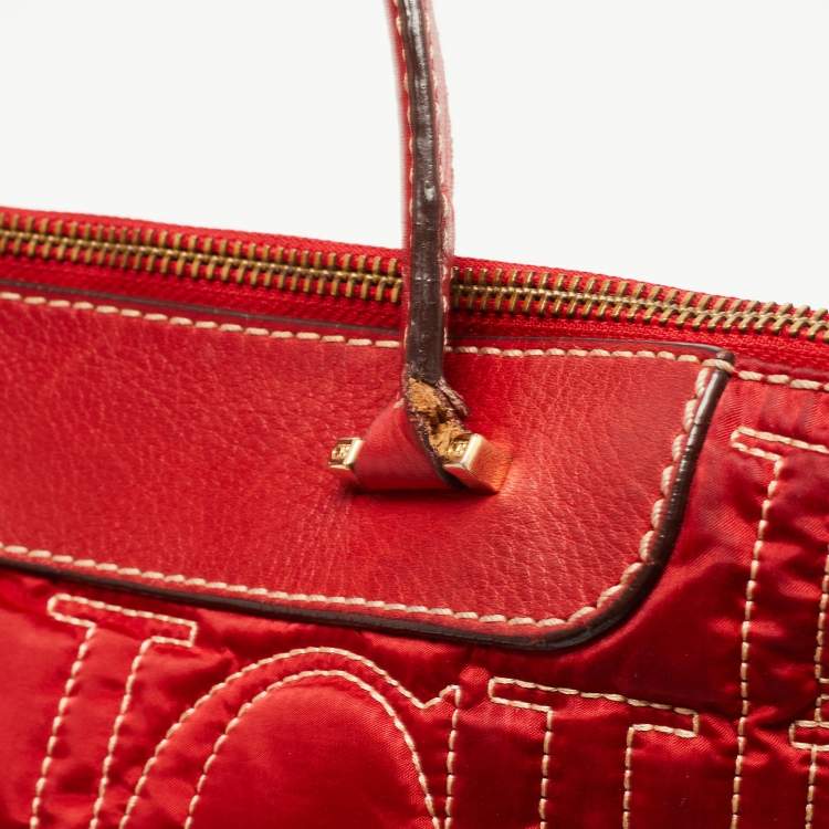 Pre Owned CH Carolina Herrera Embossed Stitch Nylon and Leather Zip Tote