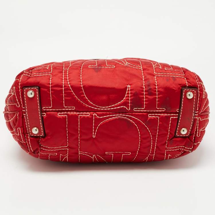 Pre Owned CH Carolina Herrera Embossed Stitch Nylon and Leather Zip Tote