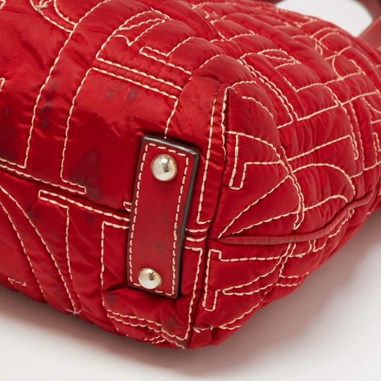 Pre Owned CH Carolina Herrera Embossed Stitch Nylon and Leather Zip Tote