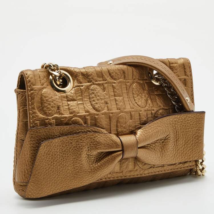 Pre Owned CH Carolina Herrera Metallic Monogram Embossed Leather Bow Shoulder Bag