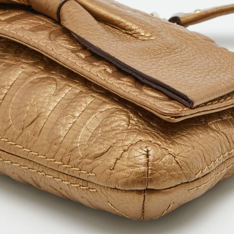 Pre Owned CH Carolina Herrera Metallic Monogram Embossed Leather Bow Shoulder Bag