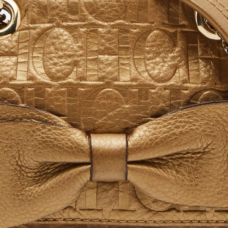 Pre Owned CH Carolina Herrera Metallic Monogram Embossed Leather Bow Shoulder Bag