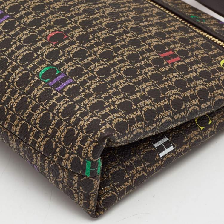 Pre Owned CH Carolina Herrera Brown/Gold Signature Coated Canvas Inro Clutch Bag