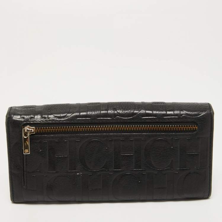 Pre Owned CH Carolina Herrera Black Monogram Leather Flap Continental Wallet