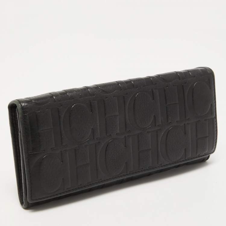 Pre Owned CH Carolina Herrera Black Monogram Leather Flap Continental Wallet