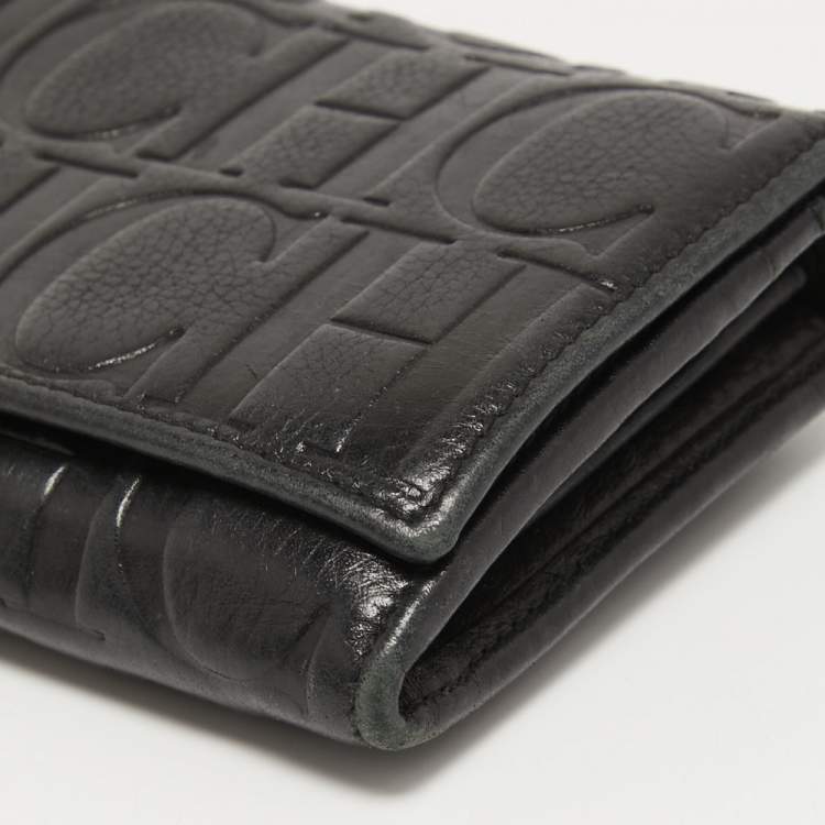 Pre Owned CH Carolina Herrera Black Monogram Leather Flap Continental Wallet