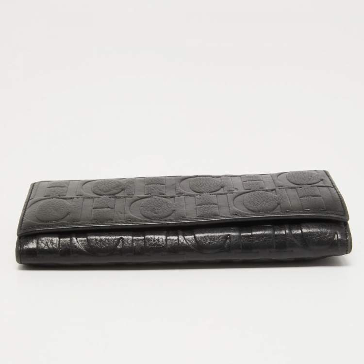 Pre Owned CH Carolina Herrera Black Monogram Leather Flap Continental Wallet