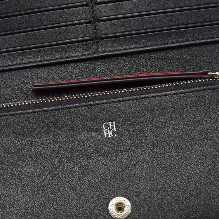 Pre Owned CH Carolina Herrera Black/Silver Embossed Leather Bifold Continental Wallet