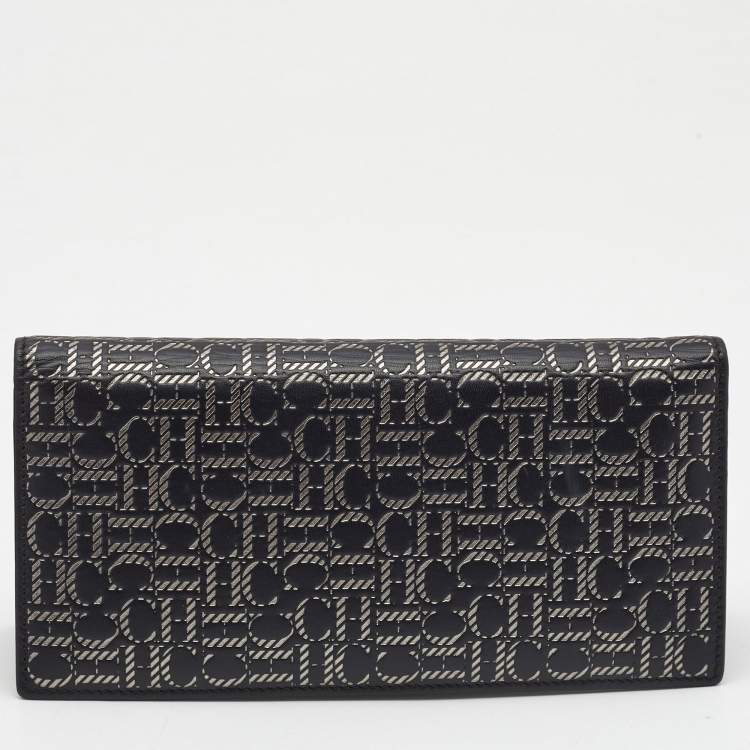 Pre Owned CH Carolina Herrera Black/Silver Embossed Leather Bifold Continental Wallet