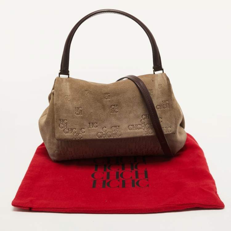 Pre Owned CH Carolina Herrera Beige Embossed Suede and Leather Flap Top Handle Bag