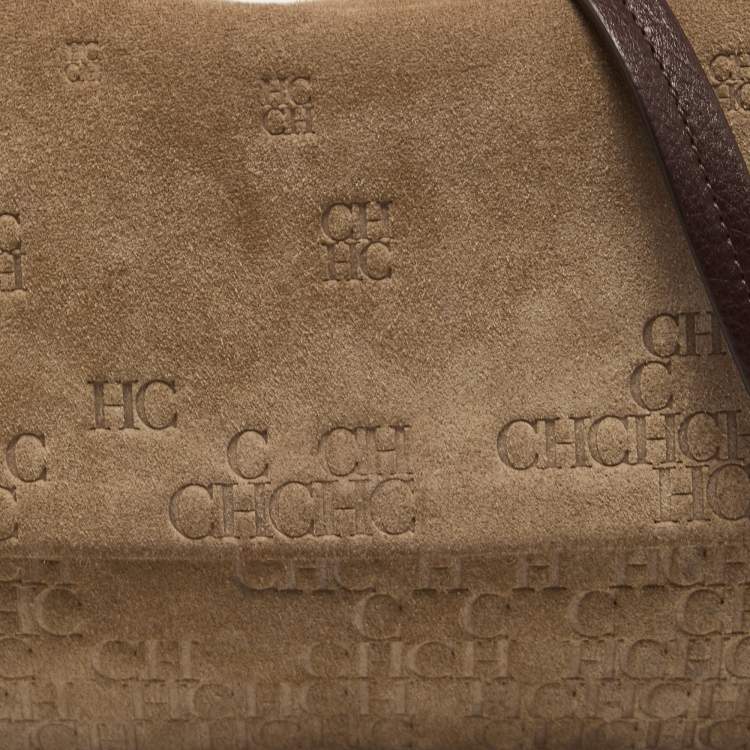 Pre Owned CH Carolina Herrera Beige Embossed Suede and Leather Flap Top Handle Bag