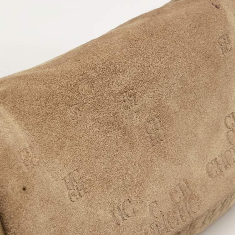 Pre Owned CH Carolina Herrera Beige Embossed Suede and Leather Flap Top Handle Bag