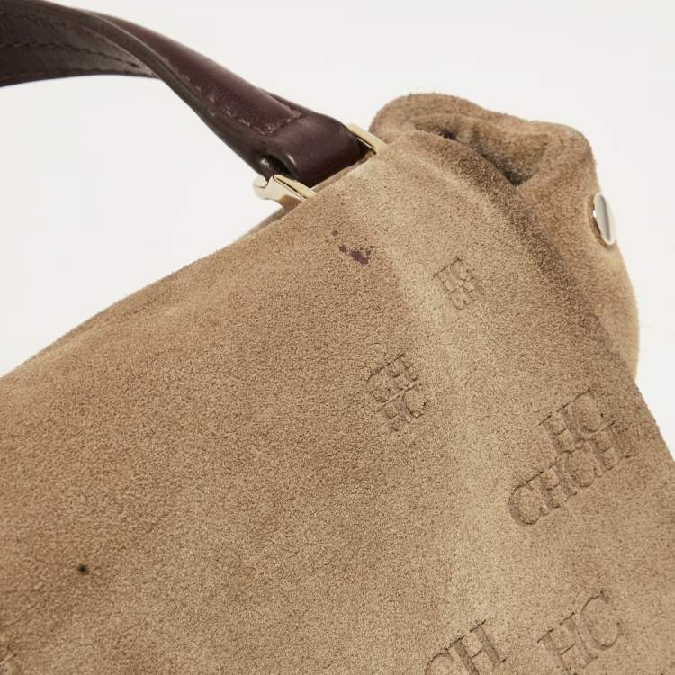 Pre Owned CH Carolina Herrera Beige Embossed Suede and Leather Flap Top Handle Bag