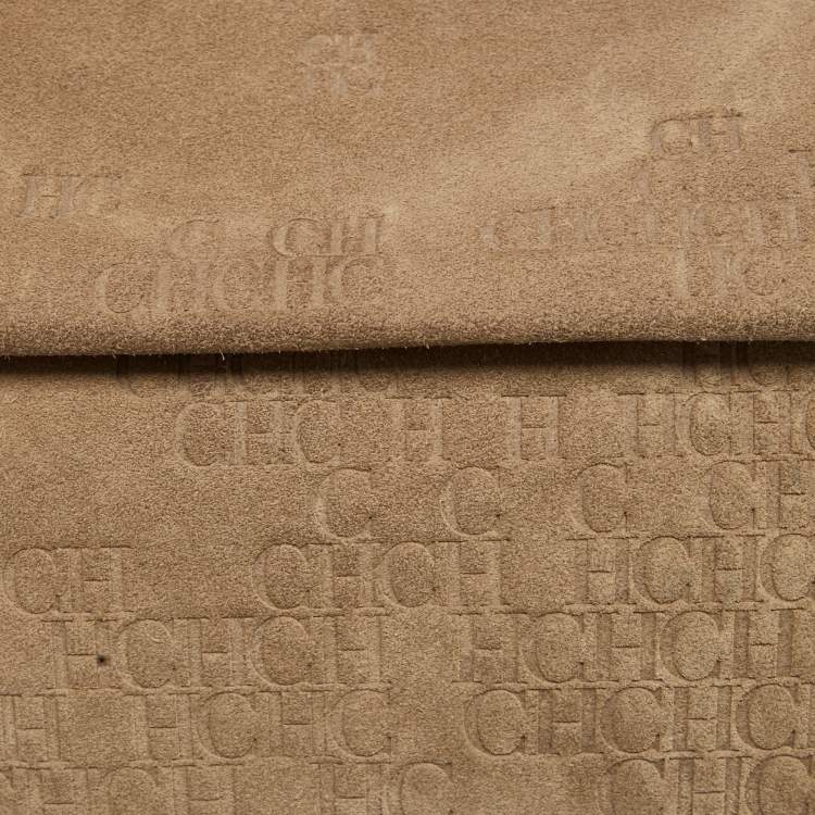 Pre Owned CH Carolina Herrera Beige Embossed Suede and Leather Flap Top Handle Bag