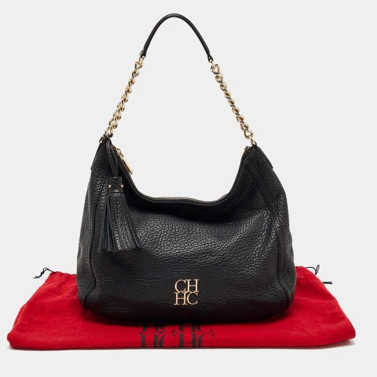 Pre Owned CH Carolina Herrera Black Leather Tassel Hobo