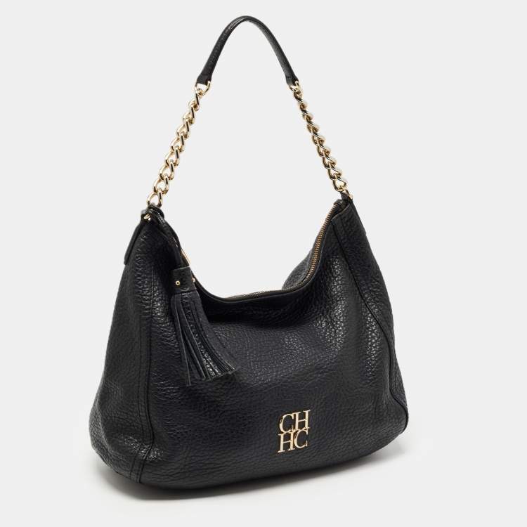 Pre Owned CH Carolina Herrera Black Leather Tassel Hobo
