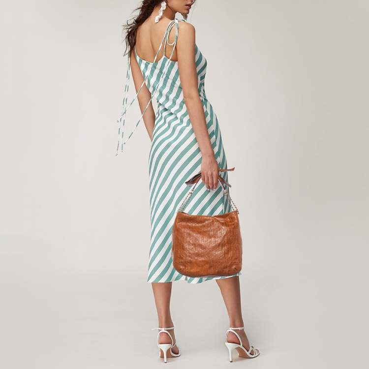 Pre Owned CH Carolina Herrera Brown Embossed Leather Chain Bow Hobo