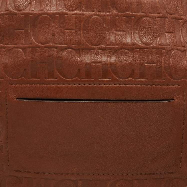 Pre Owned CH Carolina Herrera Brown Embossed Leather Chain Bow Hobo