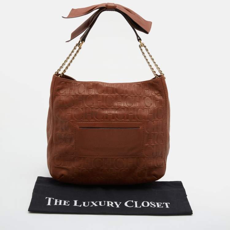 Pre Owned CH Carolina Herrera Brown Embossed Leather Chain Bow Hobo