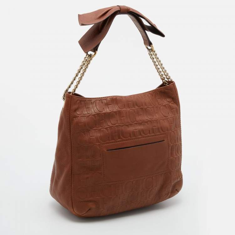 Pre Owned CH Carolina Herrera Brown Embossed Leather Chain Bow Hobo