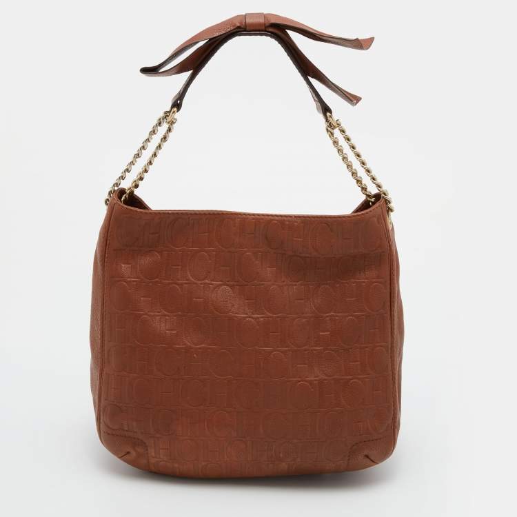 Pre Owned CH Carolina Herrera Brown Embossed Leather Chain Bow Hobo
