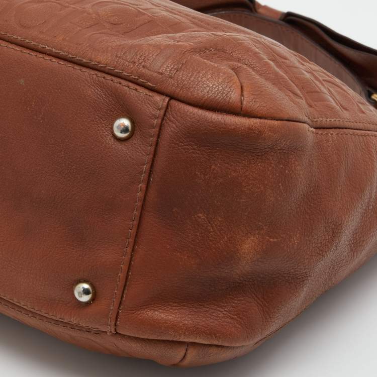 Pre Owned CH Carolina Herrera Brown Embossed Leather Chain Bow Hobo