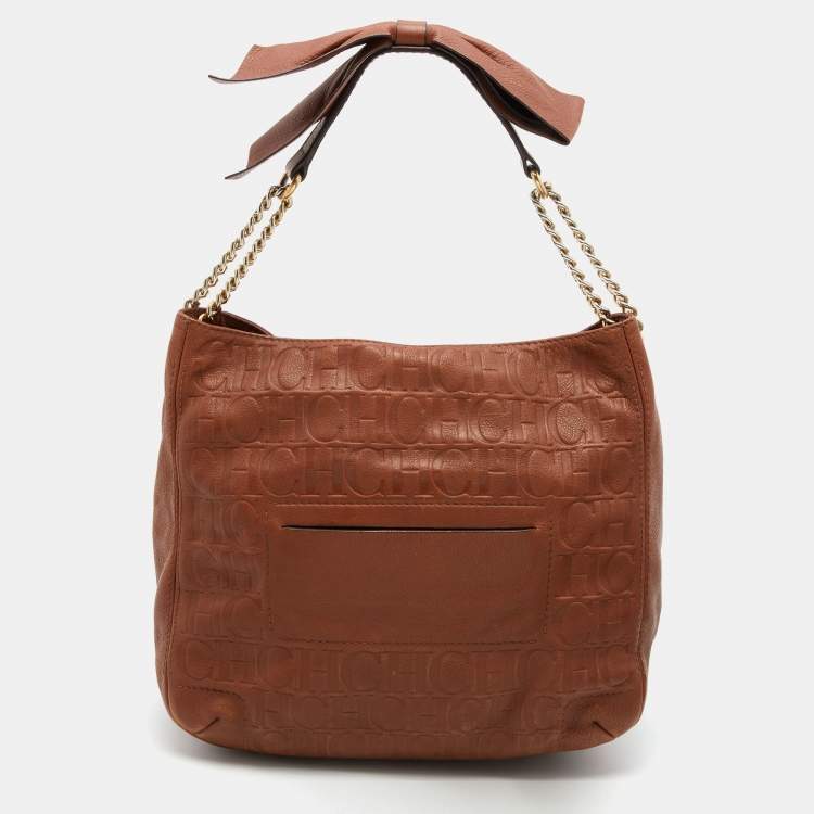 Pre Owned CH Carolina Herrera Brown Embossed Leather Chain Bow Hobo