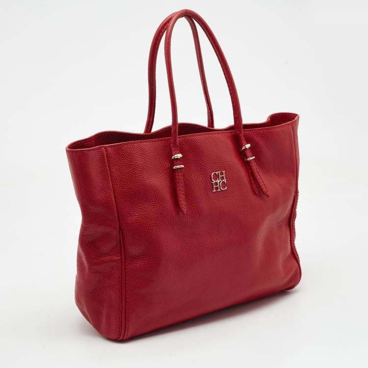 Pre Owned CH Carolina Herrera Red Monogram Leather Shopper Tote