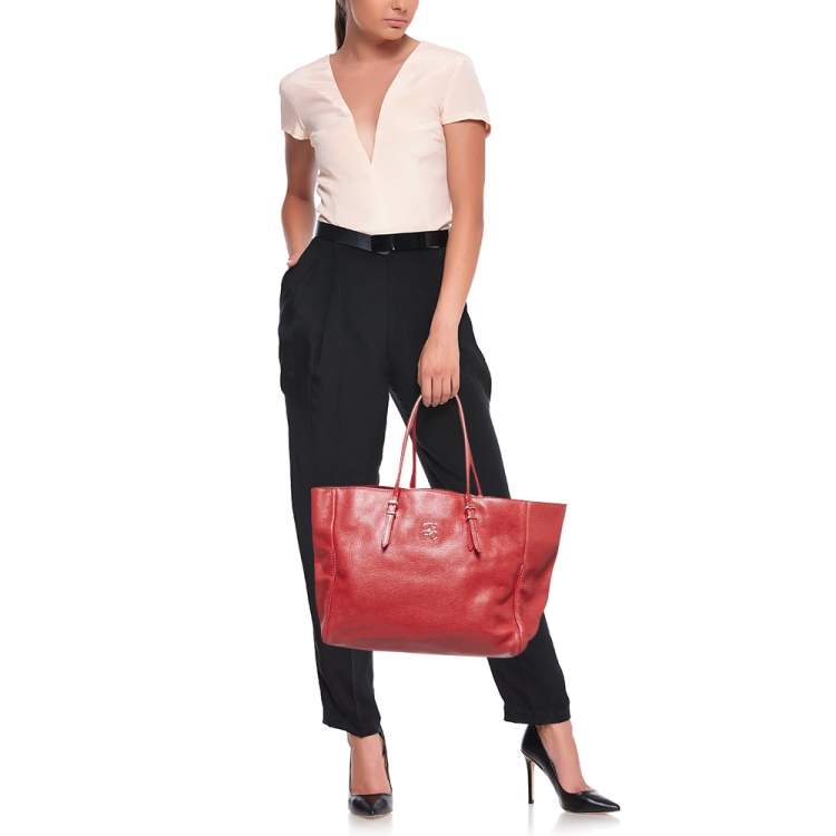 Pre Owned CH Carolina Herrera Red Monogram Leather Shopper Tote