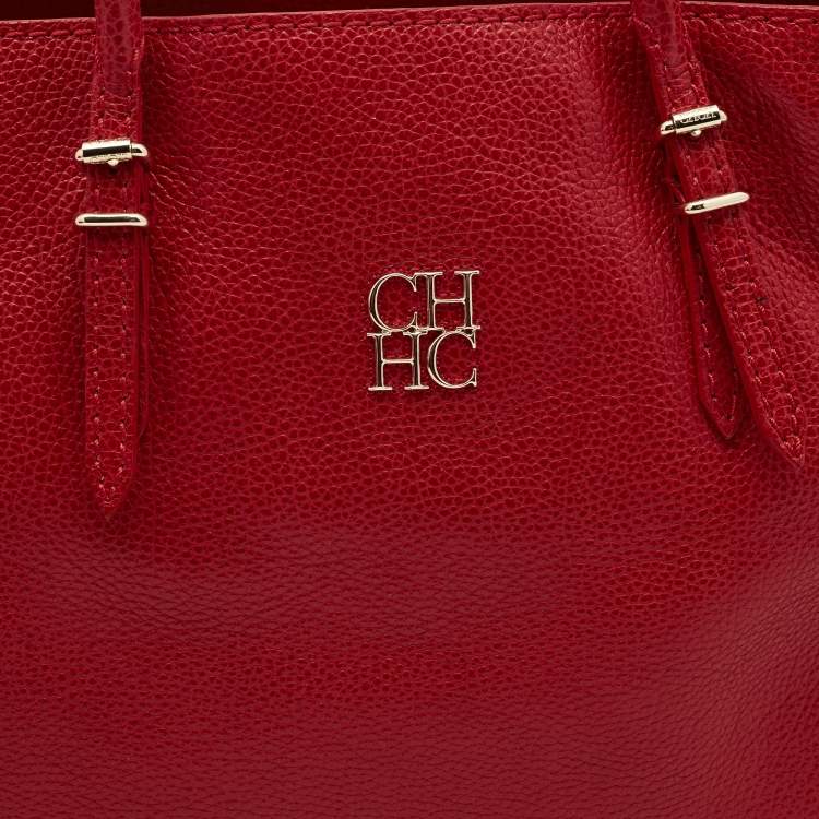 Pre Owned CH Carolina Herrera Red Monogram Leather Shopper Tote