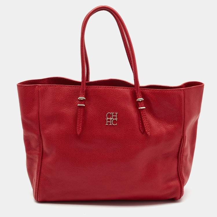 Pre Owned CH Carolina Herrera Red Monogram Leather Shopper Tote
