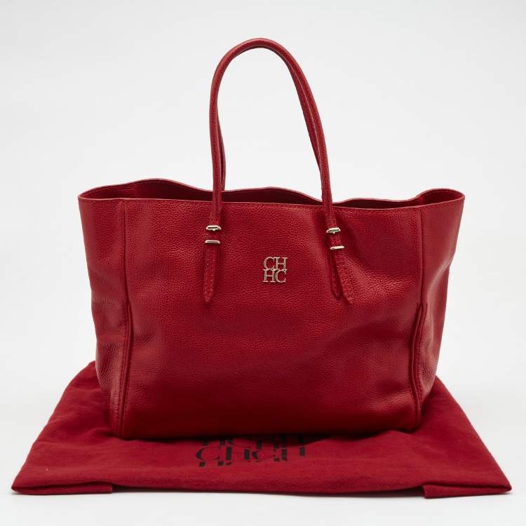 Pre Owned CH Carolina Herrera Red Monogram Leather Shopper Tote