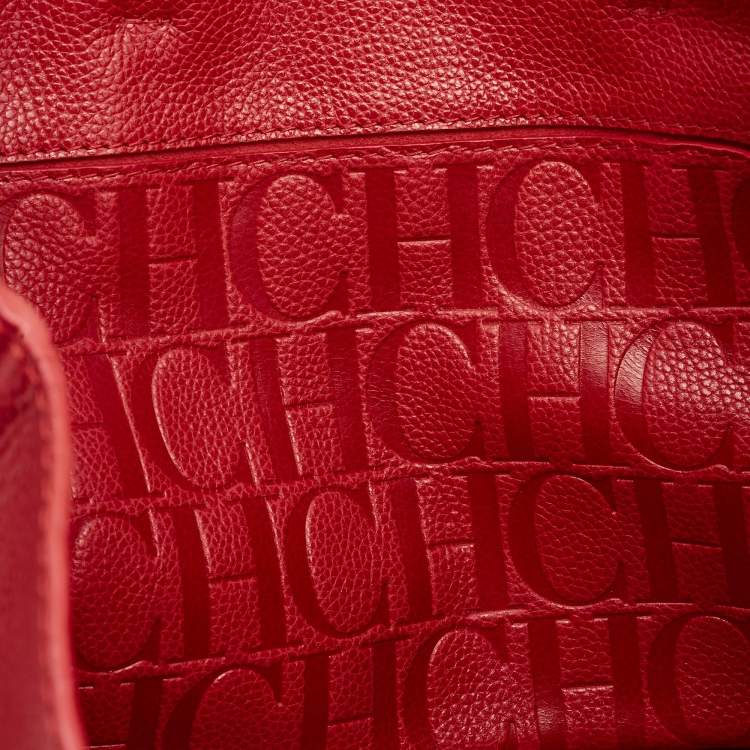 Pre Owned CH Carolina Herrera Red Monogram Leather Shopper Tote