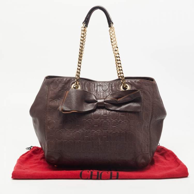 Pre Owned CH Carolina Herrera Brown Monogram Embossed Leather Bow New Anna Hobo